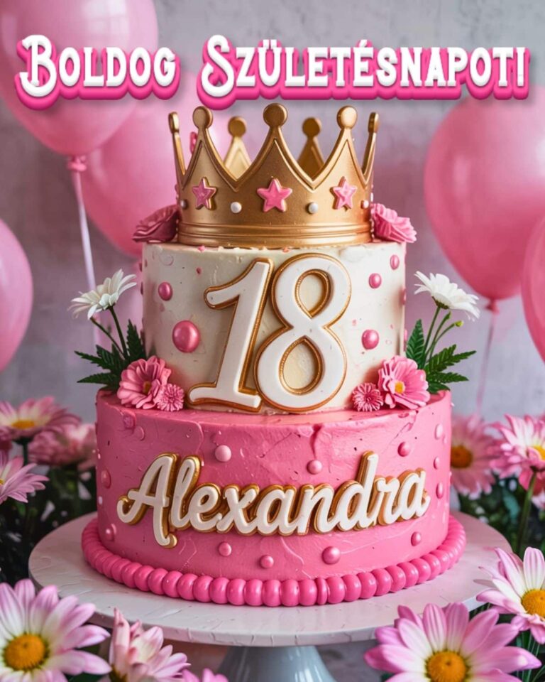 Névre szóló 18. születésnapi tortás köszöntő Alexandra felirattal, rózsaszín stílusban