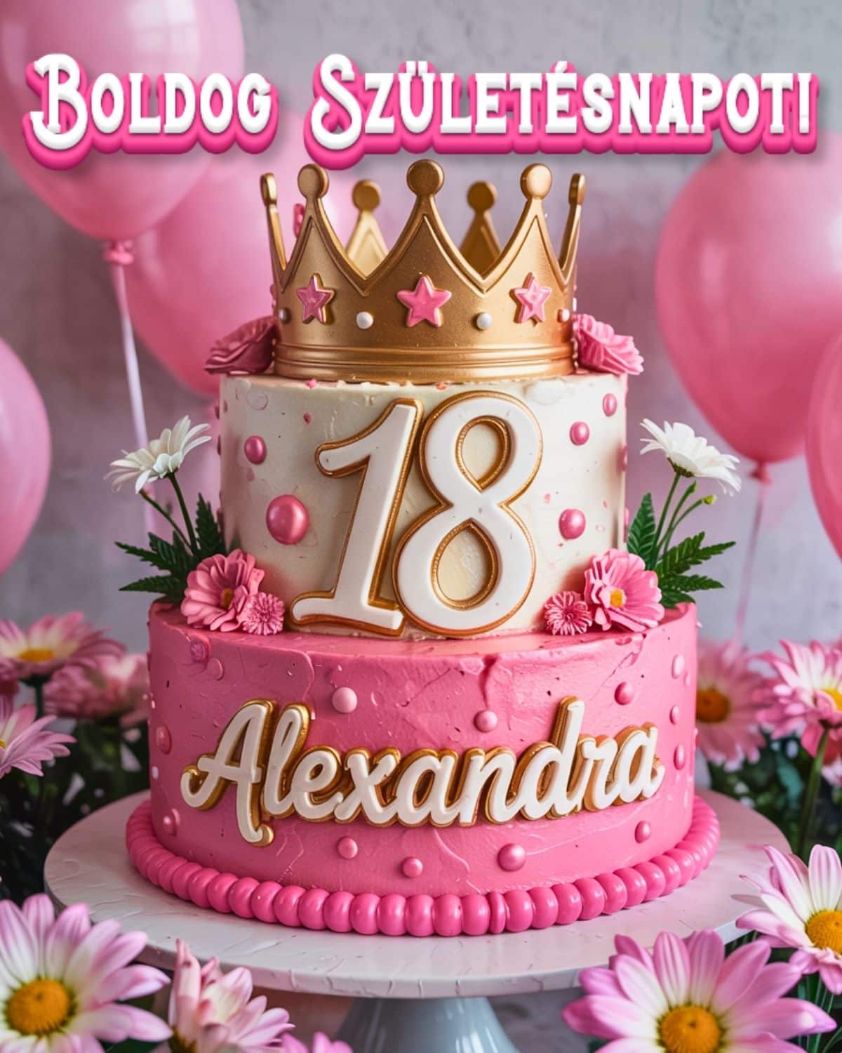Névre szóló 18. születésnapi tortás köszöntő Alexandra felirattal, rózsaszín stílusban