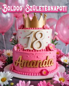 Névre szóló 18. születésnapi tortás köszöntő Amanda felirattal, rózsaszín stílusban
