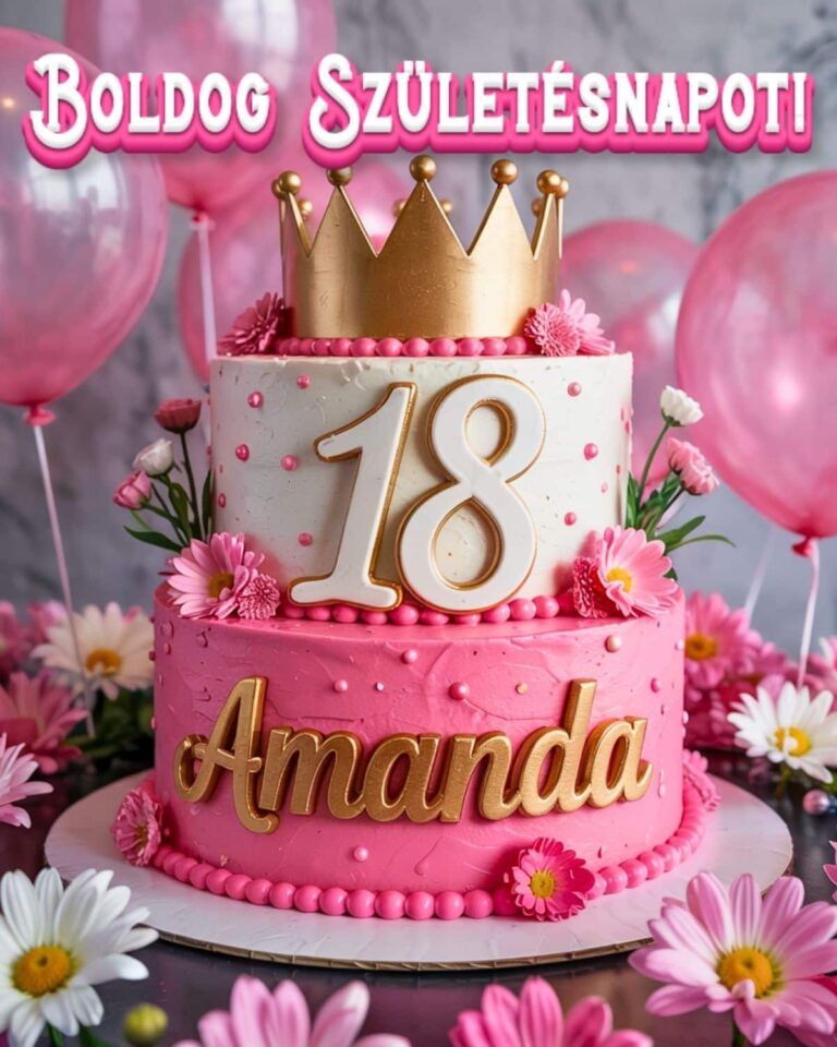 Névre szóló 18. születésnapi tortás köszöntő Amanda felirattal, rózsaszín stílusban