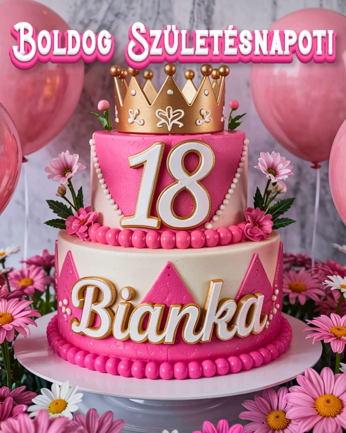Névre szóló 18. születésnapi tortás köszöntő Bianka felirattal, rózsaszín stílusban