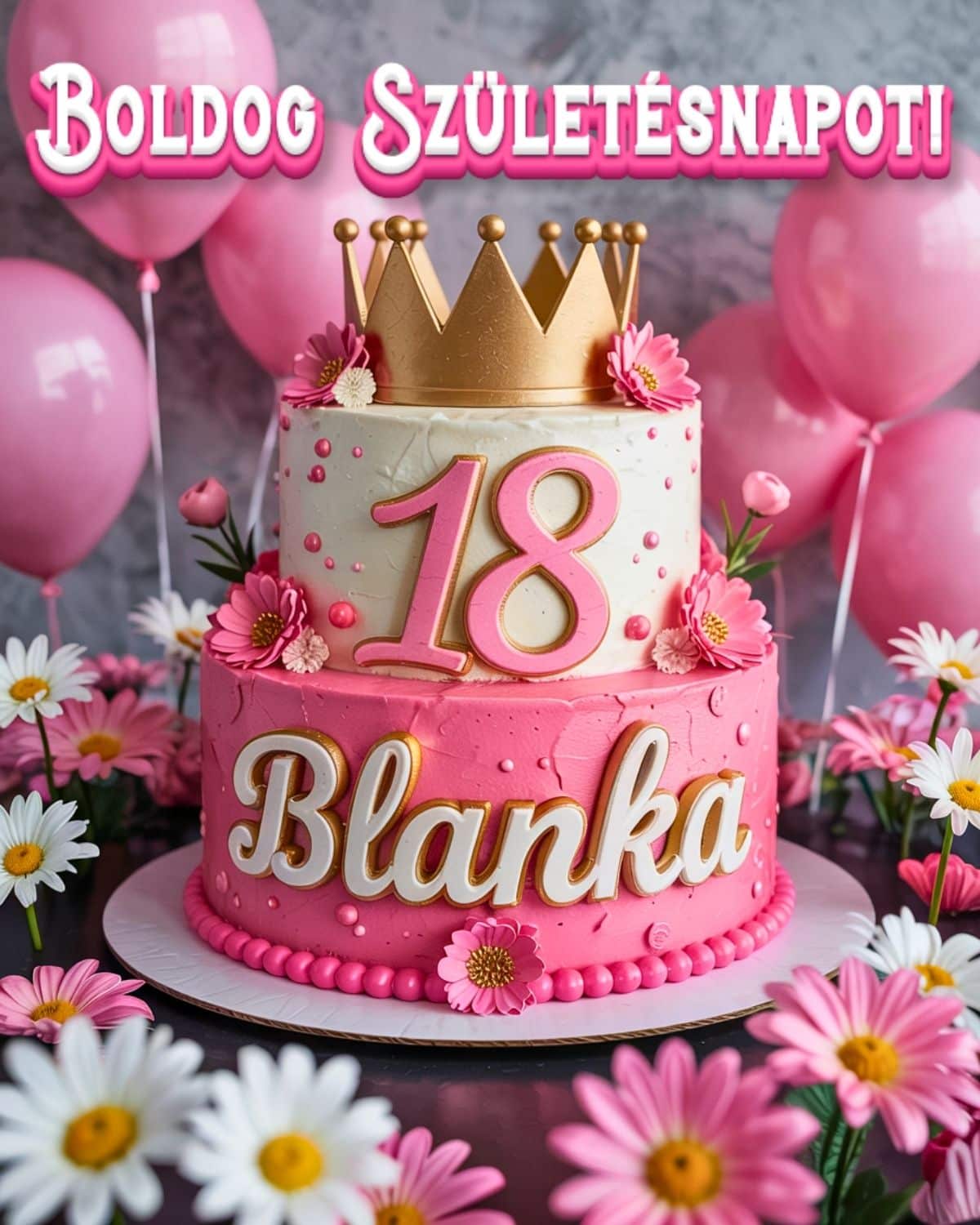 Névre szóló 18. születésnapi tortás köszöntő Blanka felirattal, rózsaszín stílusban