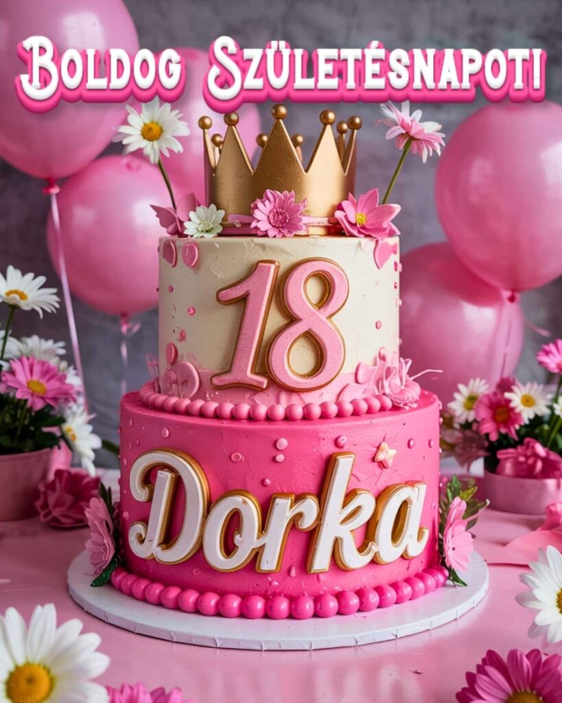 Névre szóló 18. születésnapi tortás köszöntő Dorka felirattal, rózsaszín stílusban