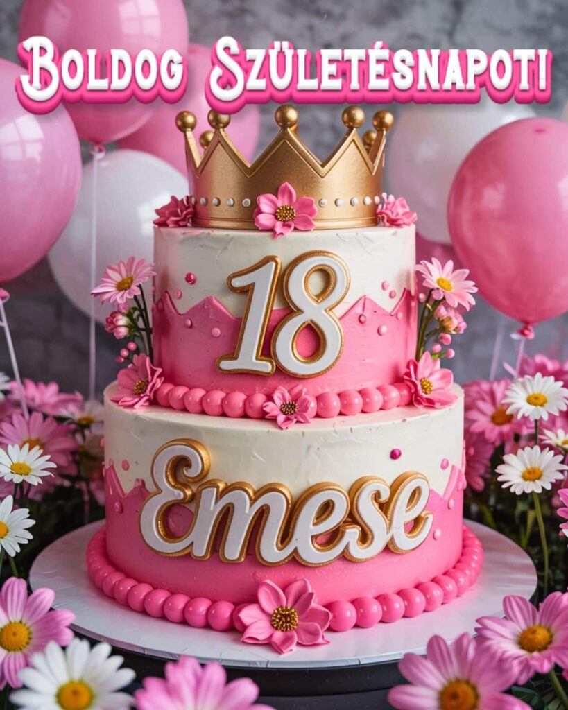 Névre szóló 18. születésnapi tortás köszöntő Emese felirattal, rózsaszín stílusban