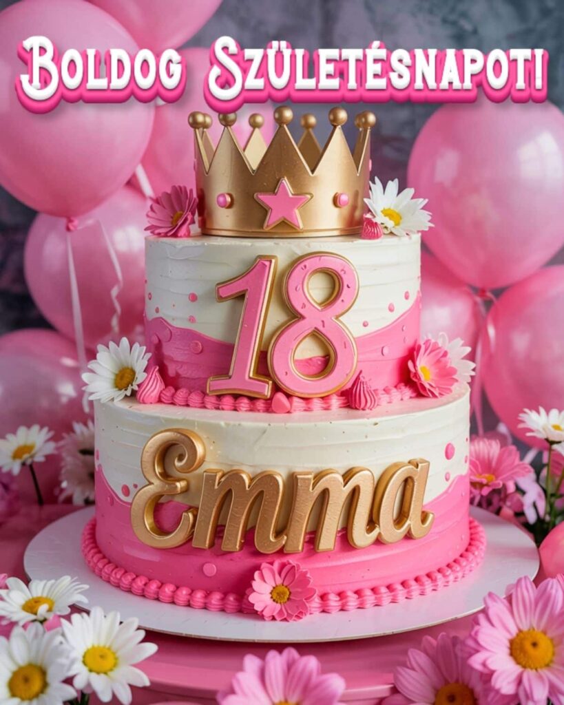 Névre szóló 18. születésnapi tortás köszöntő Emma felirattal, rózsaszín stílusban