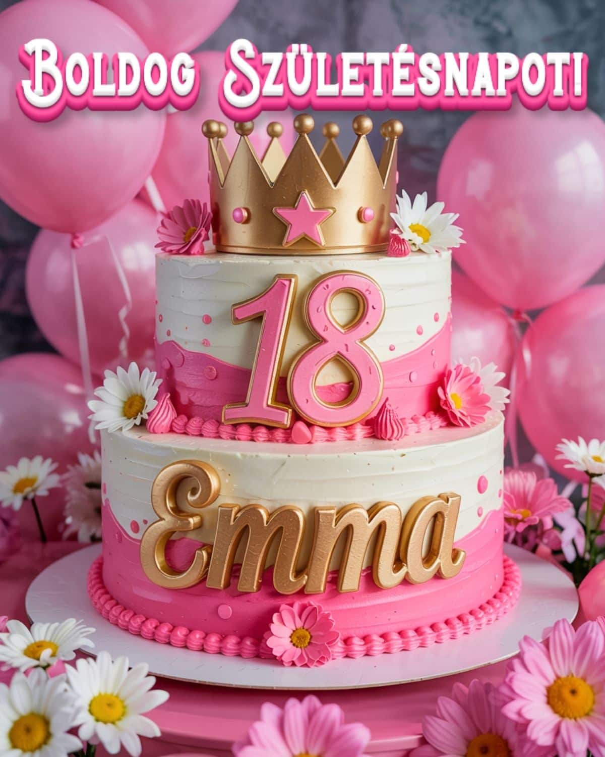 Névre szóló 18. születésnapi tortás köszöntő Emma felirattal, rózsaszín stílusban