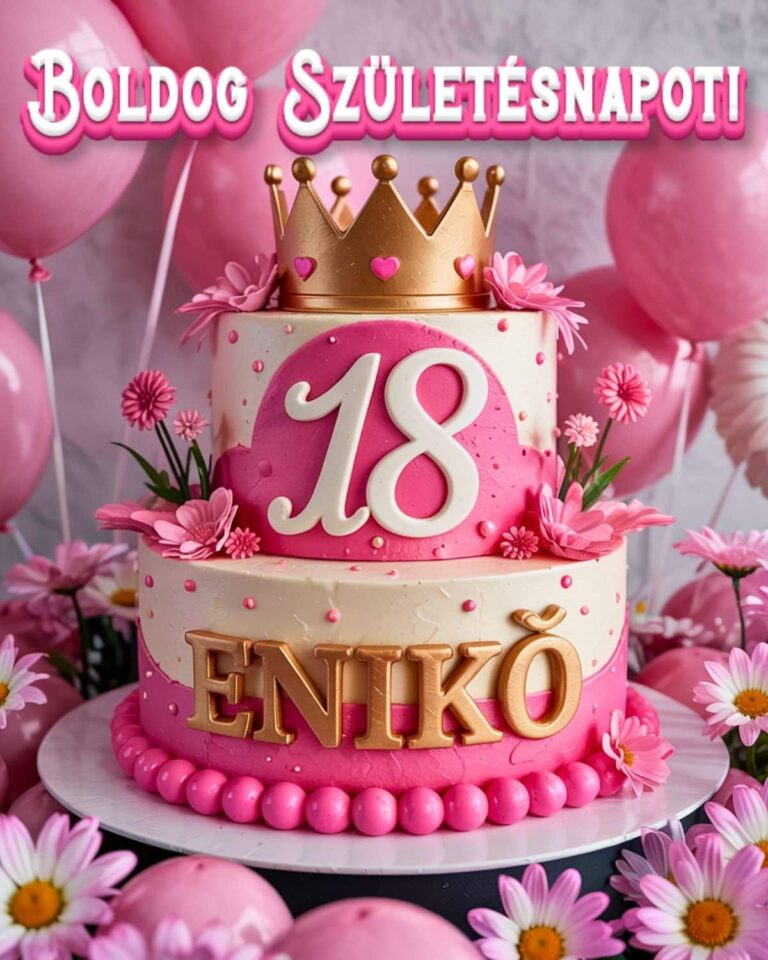 Névre szóló 18. születésnapi tortás köszöntő Enikő felirattal, rózsaszín stílusban