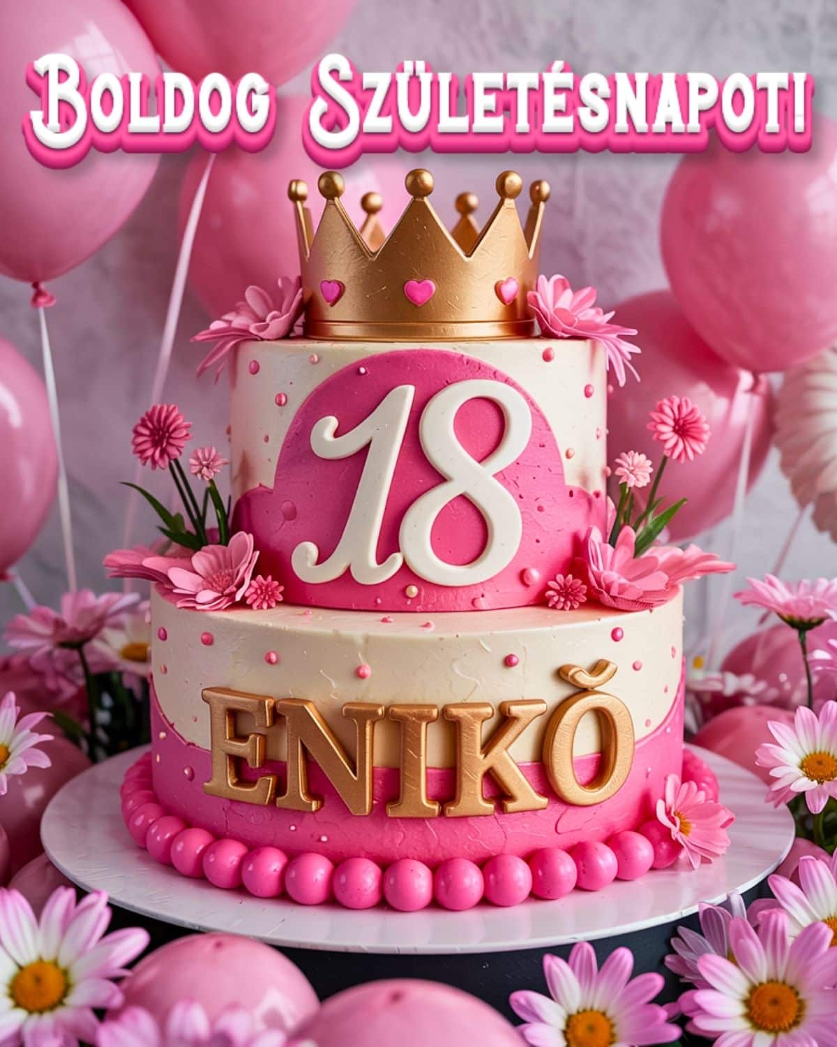 Névre szóló 18. születésnapi tortás köszöntő Enikő felirattal, rózsaszín stílusban