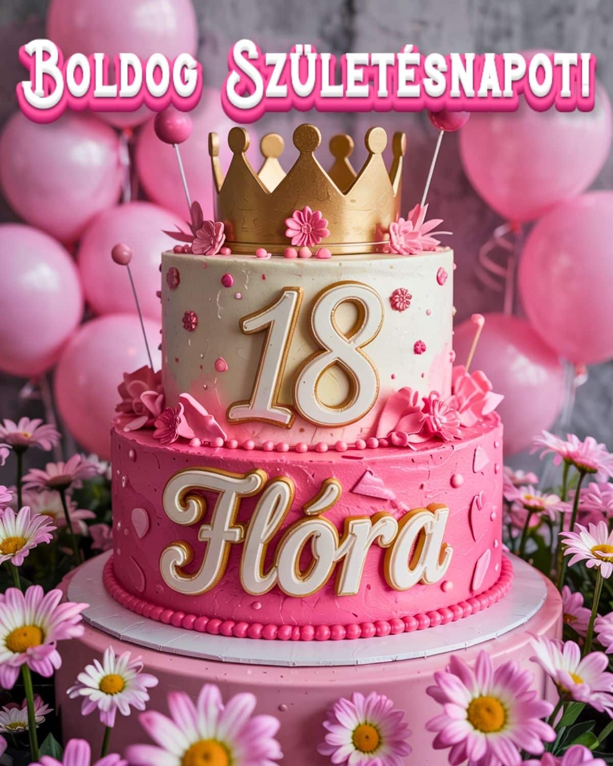 Névre szóló 18. születésnapi tortás köszöntő Flóra felirattal, rózsaszín stílusban