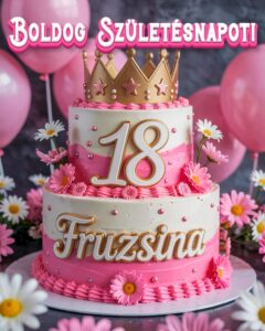 Névre szóló 18. születésnapi tortás köszöntő Fruzsina felirattal, rózsaszín stílusban