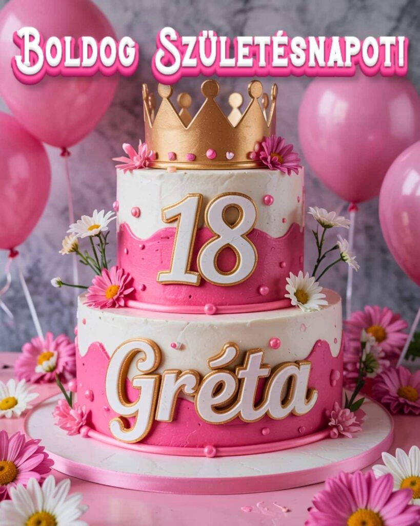 Névre szóló 18. születésnapi tortás köszöntő Gréta felirattal, rózsaszín stílusban