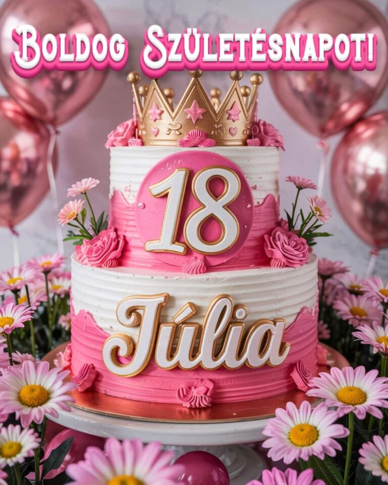 Névre szóló 18. születésnapi tortás köszöntő Júlia felirattal, rózsaszín stílusban
