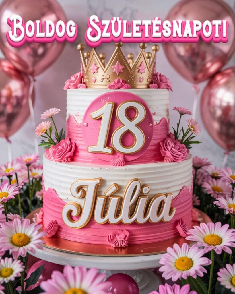 Névre szóló 18. születésnapi tortás köszöntő Júlia felirattal, rózsaszín stílusban