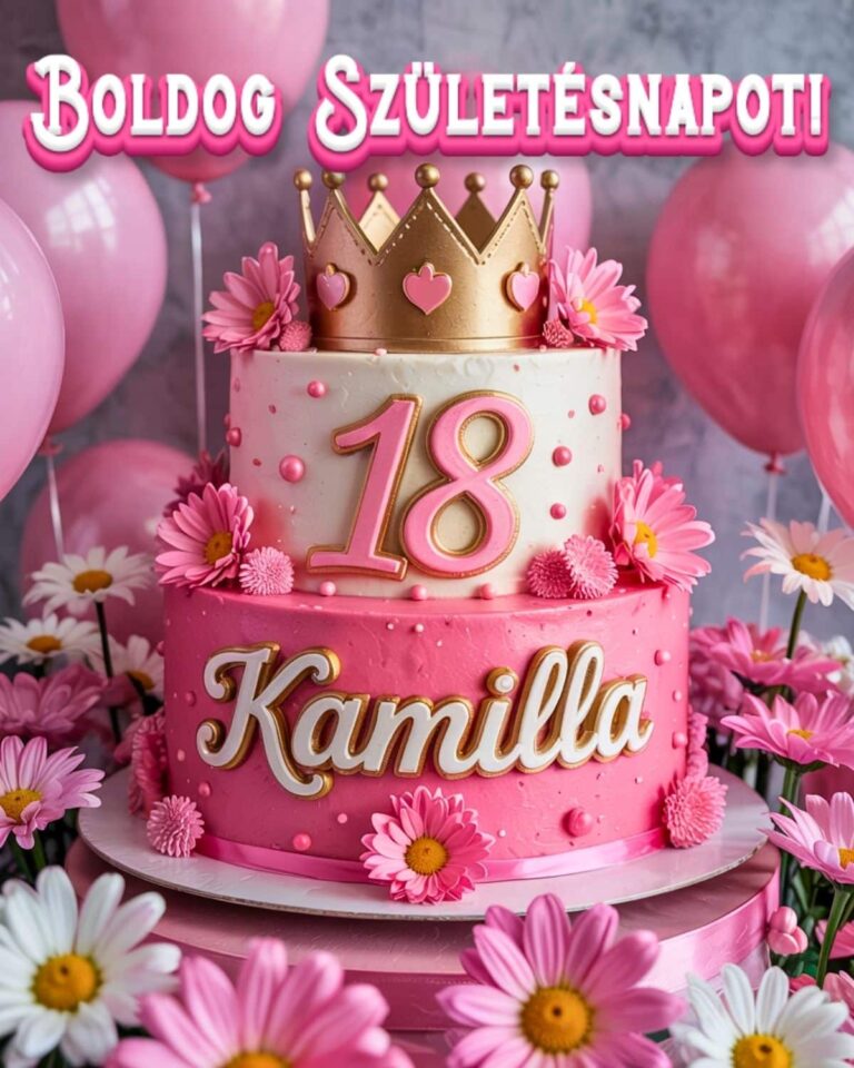 Névre szóló 18. születésnapi tortás köszöntő Kamilla felirattal, rózsaszín stílusban