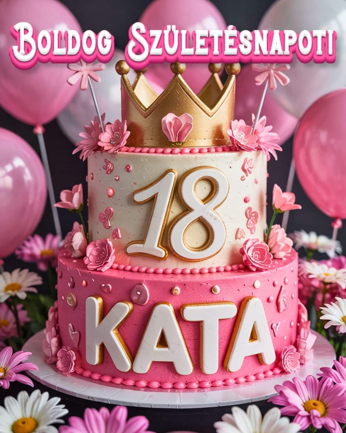 Névre szóló 18. születésnapi tortás köszöntő Kata felirattal, rózsaszín stílusban