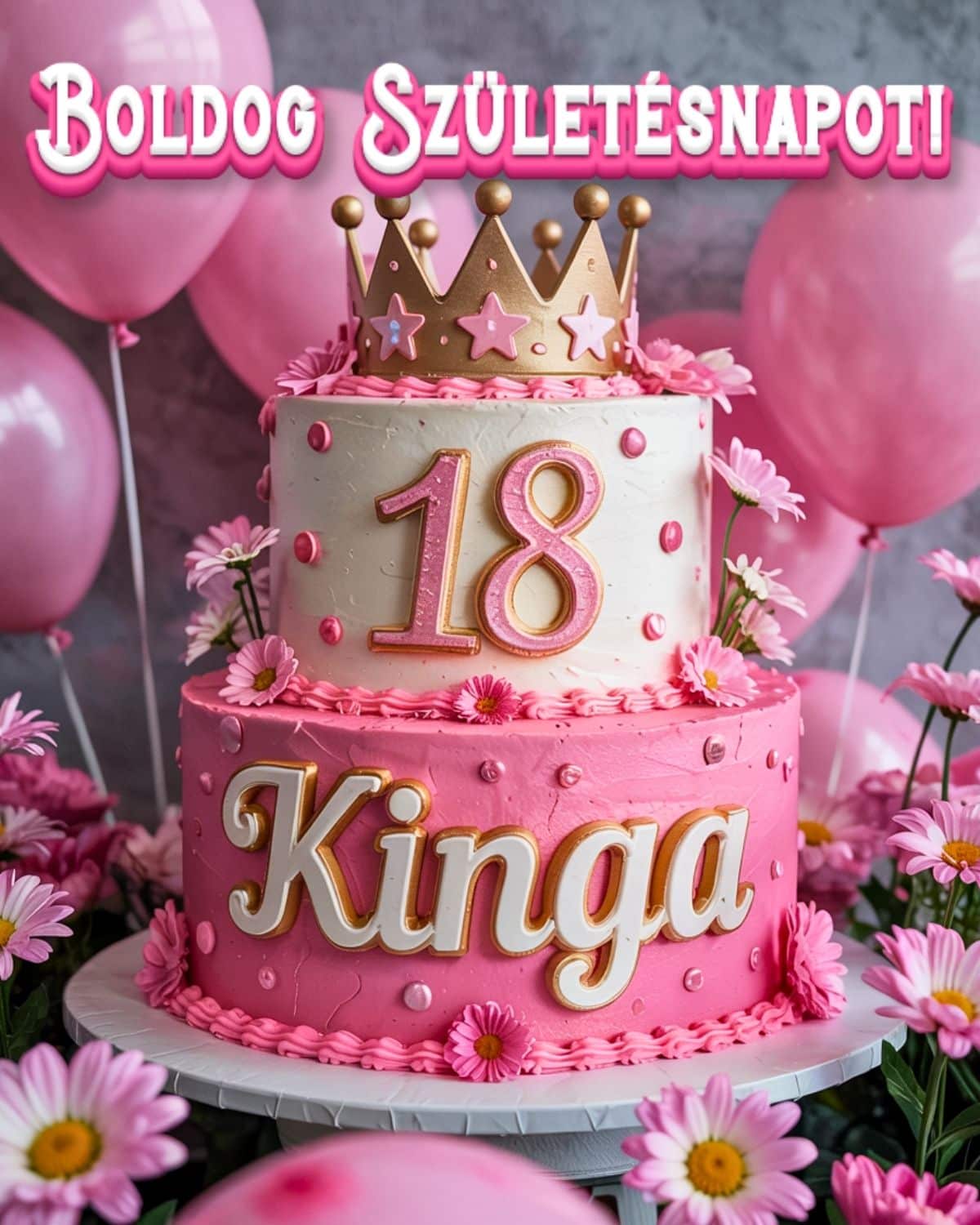 Névre szóló 18. születésnapi tortás köszöntő Kinga felirattal, rózsaszín stílusban