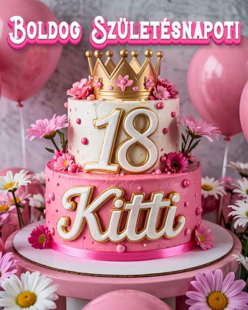 Névre szóló 18. születésnapi tortás köszöntő Kitti felirattal, rózsaszín stílusban