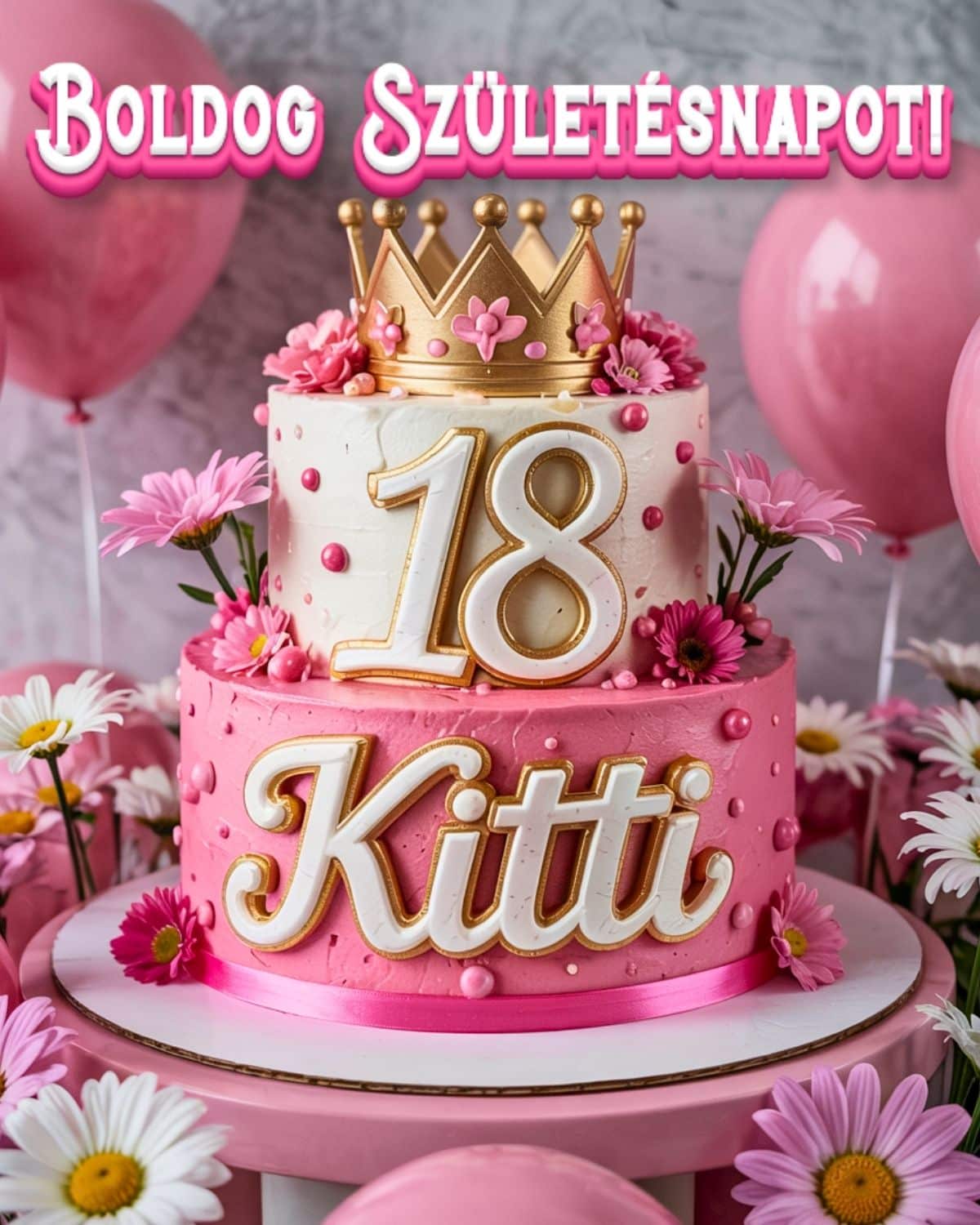 Névre szóló 18. születésnapi tortás köszöntő Kitti felirattal, rózsaszín stílusban