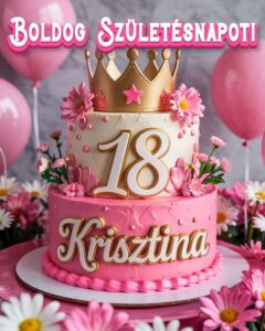 Névre szóló 18. születésnapi tortás köszöntő Krisztina felirattal, rózsaszín stílusban