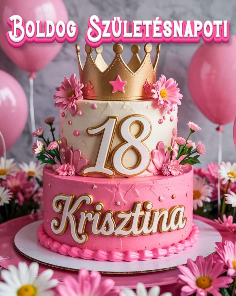 Névre szóló 18. születésnapi tortás köszöntő Krisztina felirattal, rózsaszín stílusban