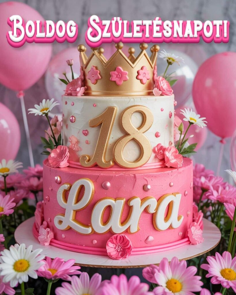 Névre szóló 18. születésnapi tortás köszöntő Lara felirattal, rózsaszín stílusban
