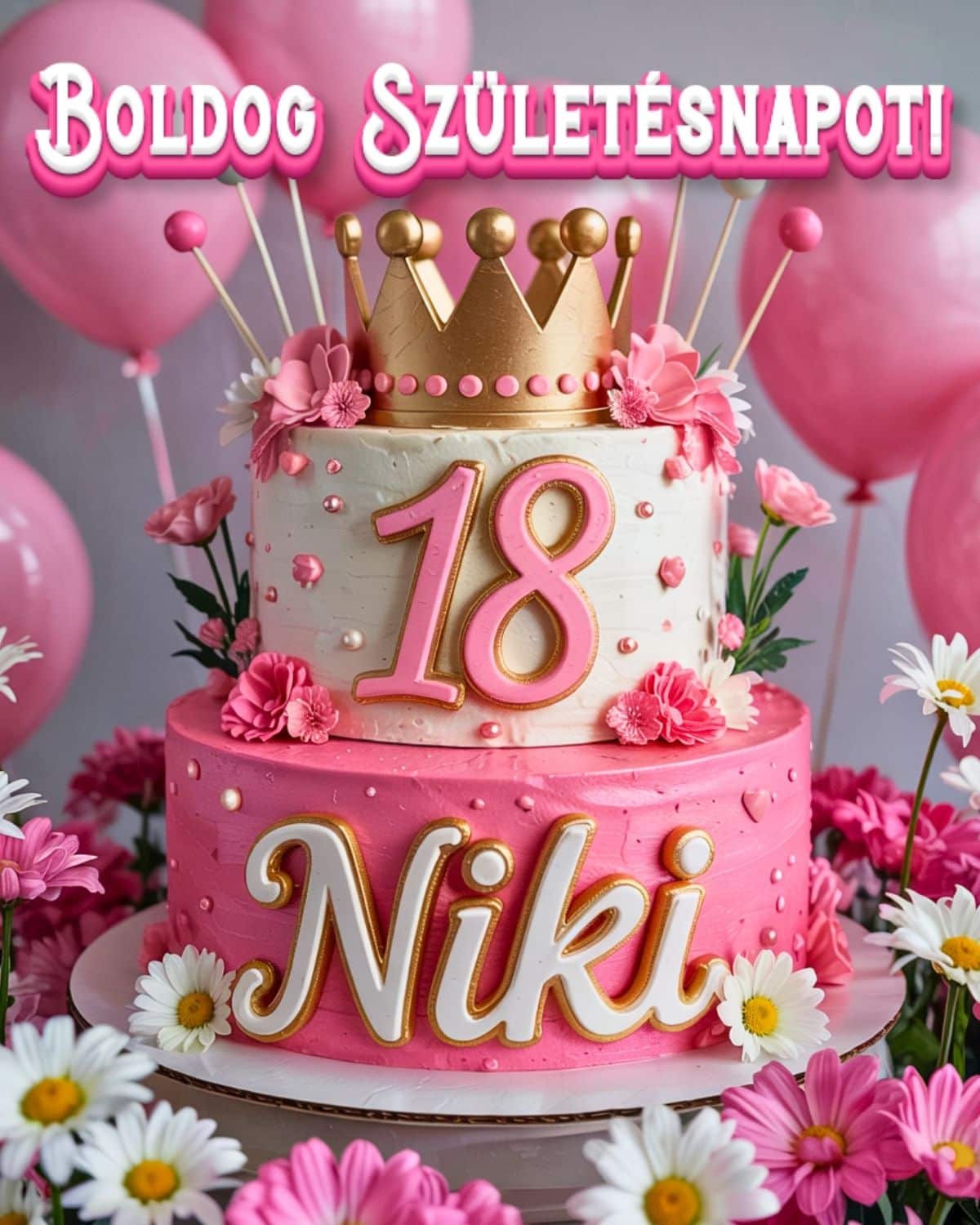 Névre szóló 18. születésnapi tortás köszöntő Niki felirattal, rózsaszín stílusban