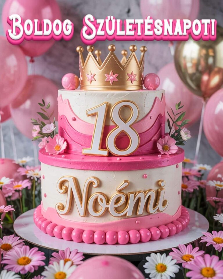 Névre szóló 18. születésnapi tortás köszöntő Noémi felirattal, rózsaszín stílusban