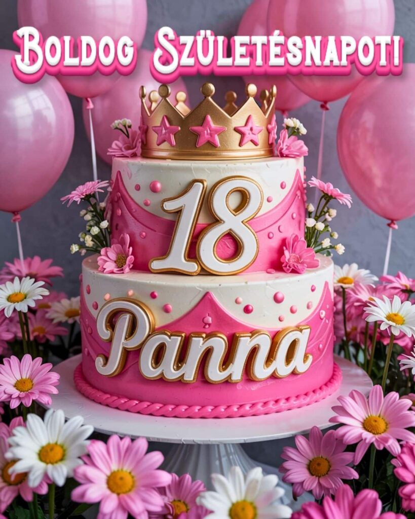 Névre szóló 18. születésnapi tortás köszöntő Panna felirattal, rózsaszín stílusban
