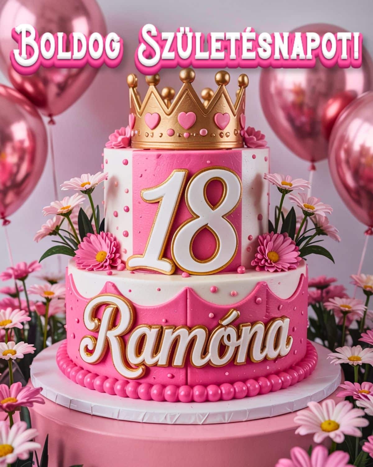 Névre szóló 18. születésnapi tortás köszöntő Ramóna felirattal, rózsaszín stílusban