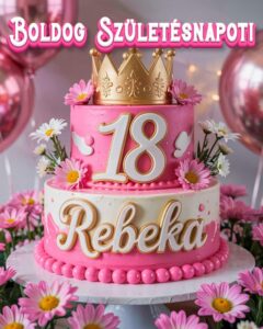 Névre szóló 18. születésnapi tortás köszöntő Rebeka felirattal, rózsaszín stílusban