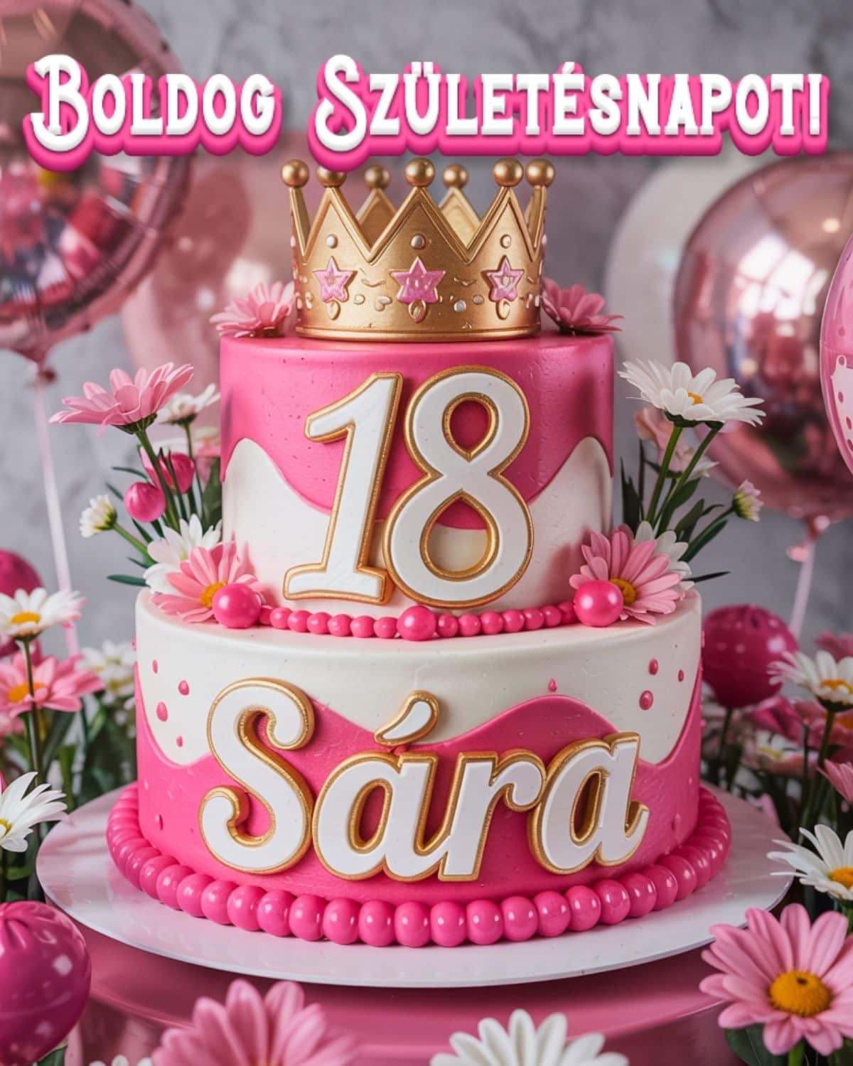 Névre szóló 18. születésnapi tortás köszöntő Sára felirattal, rózsaszín stílusban