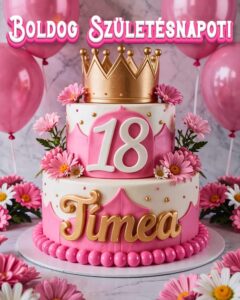 Névre szóló 18. születésnapi tortás köszöntő Tímea felirattal, rózsaszín stílusban