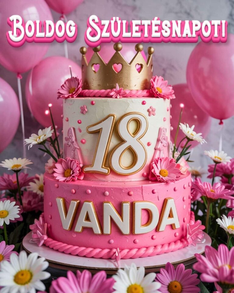 Névre szóló 18. születésnapi tortás köszöntő Vanda felirattal, rózsaszín stílusban