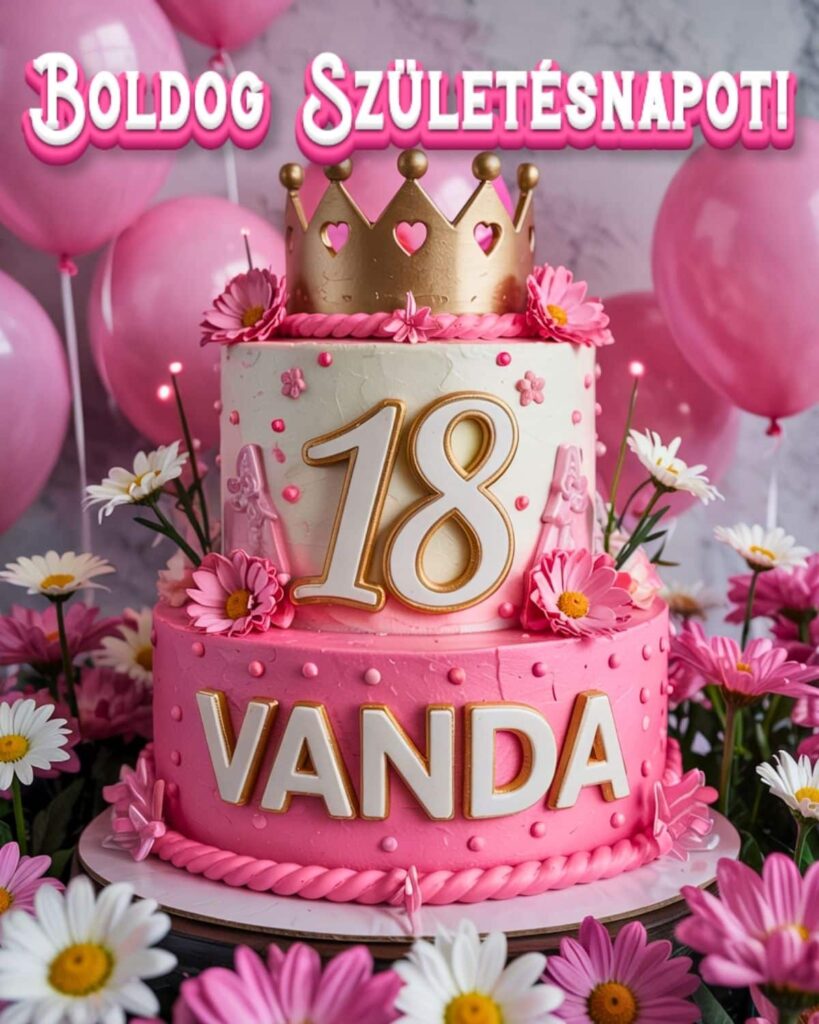 Névre szóló 18. születésnapi tortás köszöntő Vanda felirattal, rózsaszín stílusban