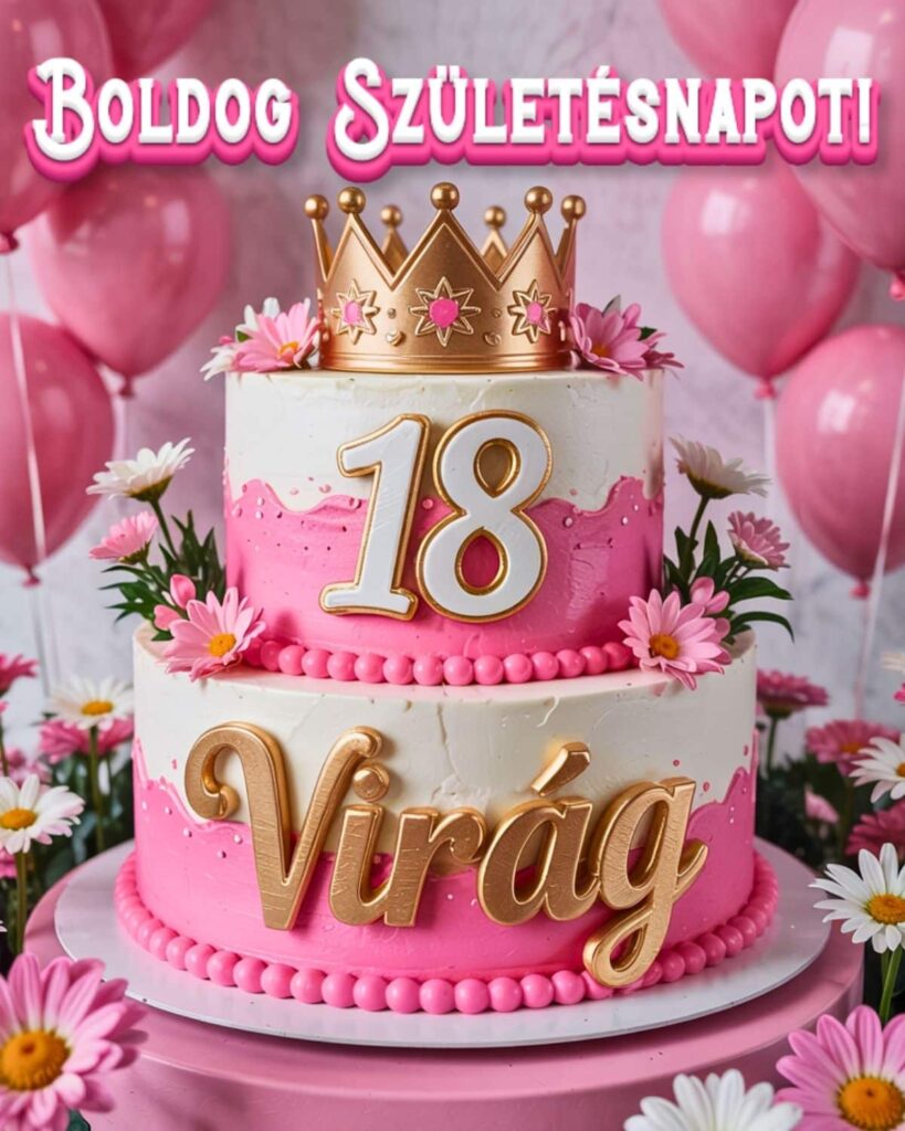Névre szóló 18. születésnapi tortás köszöntő Virág felirattal, rózsaszín stílusban