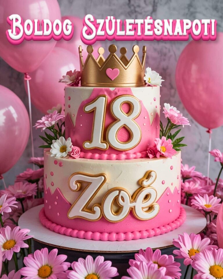 Névre szóló 18. születésnapi tortás köszöntő Zoé felirattal, rózsaszín stílusban