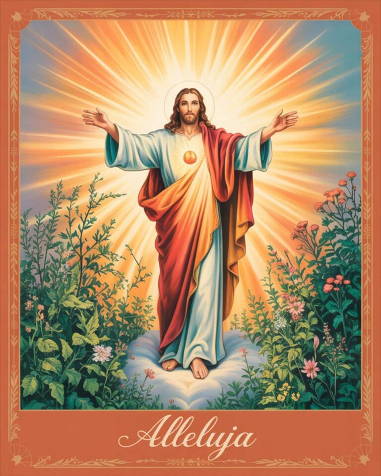 Húsvéti üdvözlet Alleluja felirat, Jézus Krisztus áldásra széttárt karokkal áll a fényben.