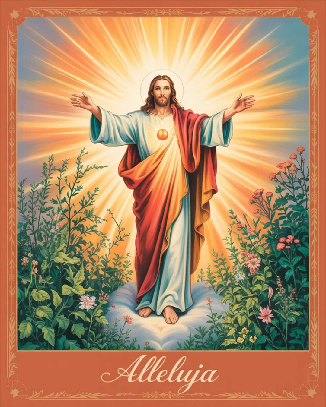 Húsvéti üdvözlet Alleluja felirat, Jézus Krisztus áldásra széttárt karokkal áll a fényben.