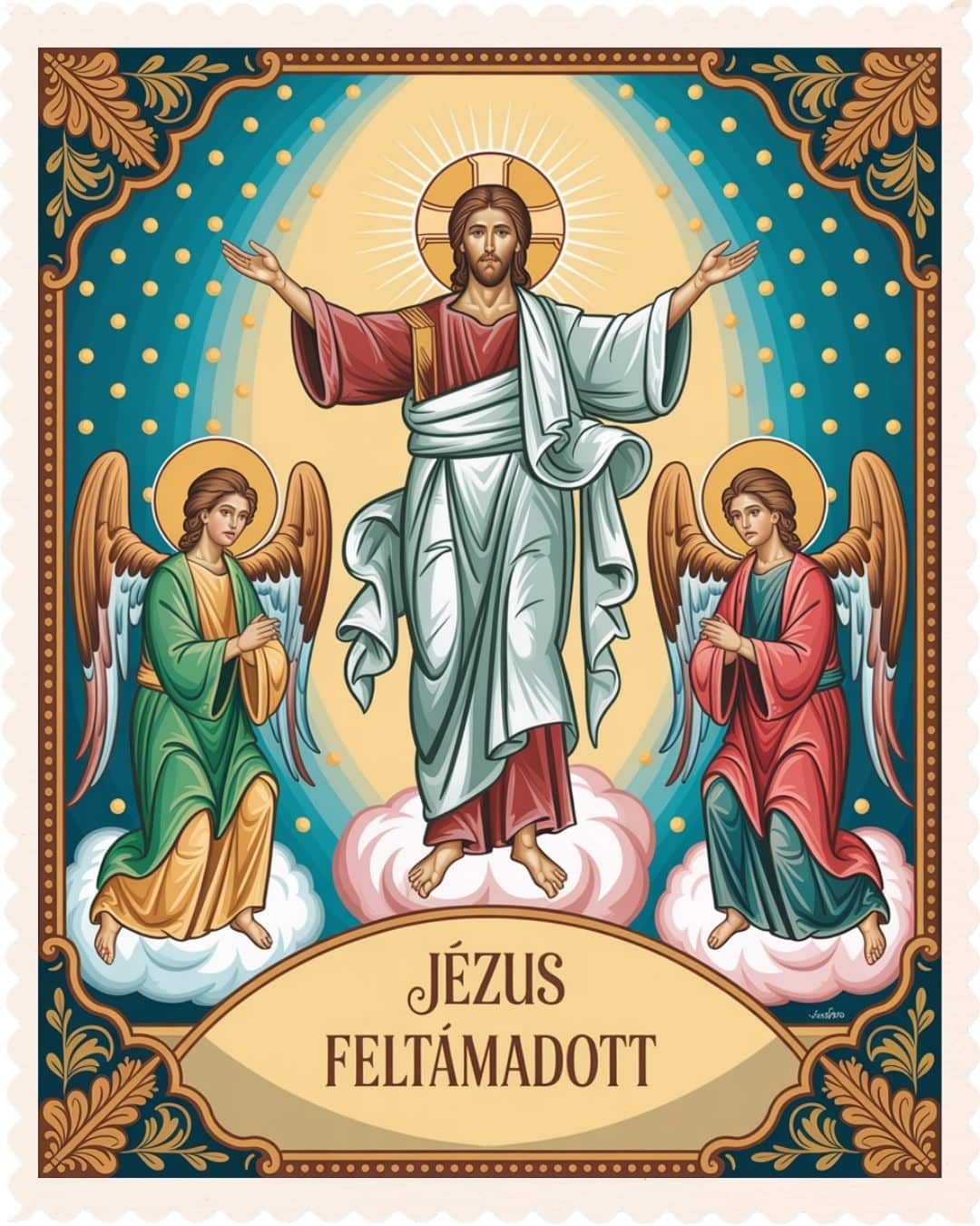 Klasszikus vallási húsvéti képeslap „Jézus feltámadott” felirattal és keresztény szimbólumokkal.