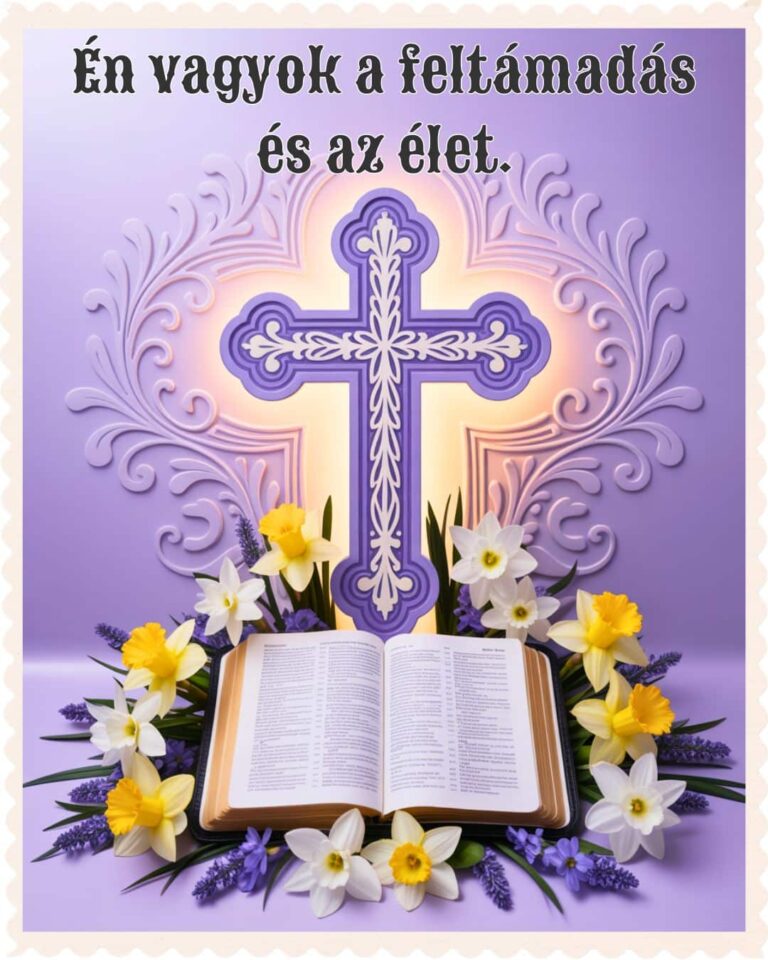 Hívő embereknek való húsvéti köszöntő lap Én vagyok a feltámadás és az élet Bibliai felirattal. Lila háttéren kereszt, Biblia és virágok.