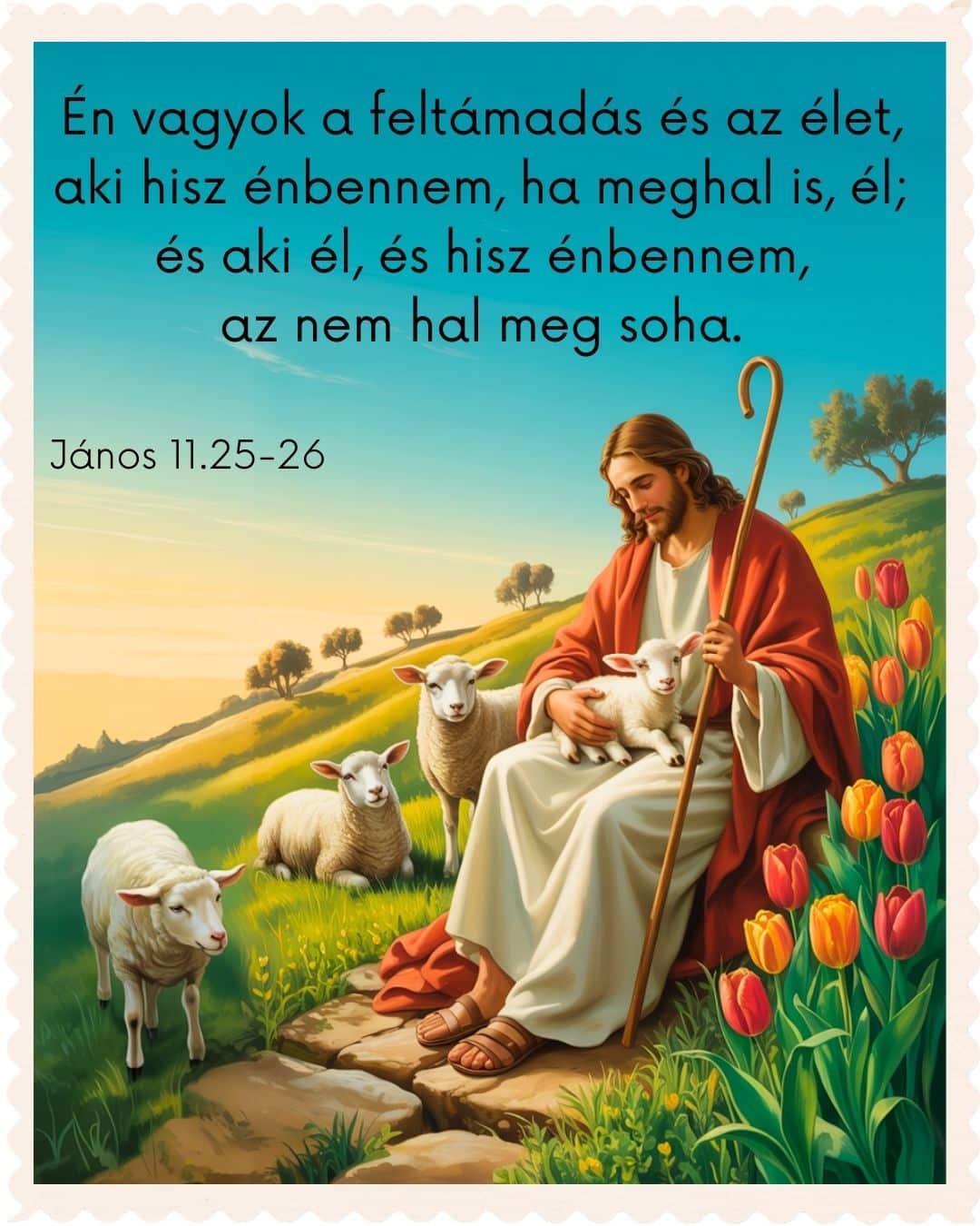 Bibliai képes idézet Én vagyok a feltámadás és az élet, aki hisz énbennem, ha meghal is, él; és aki él, és hisz énbennem, az nem hal meg soha felirattal