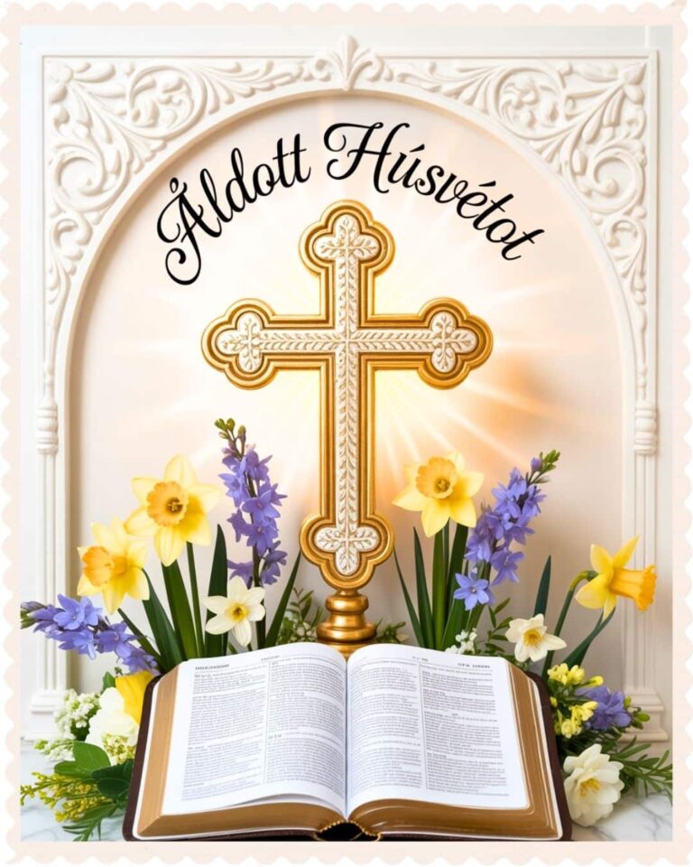 Keresztény húsvéti képeslap „Áldott húsvétot” felirattal, kereszttel és Bibliával.