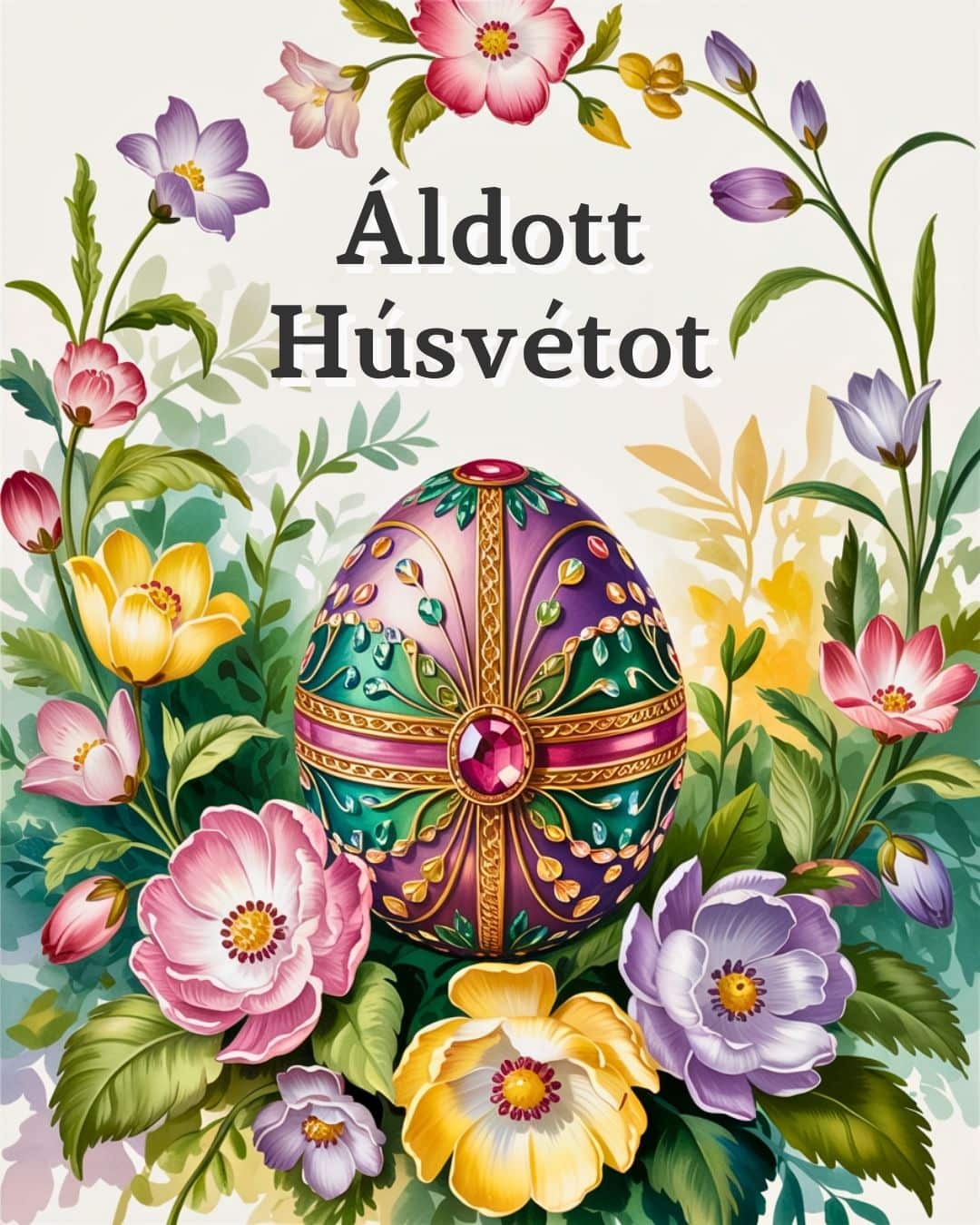 Áldott húsvétot képeslap díszített tojással és virágokkal