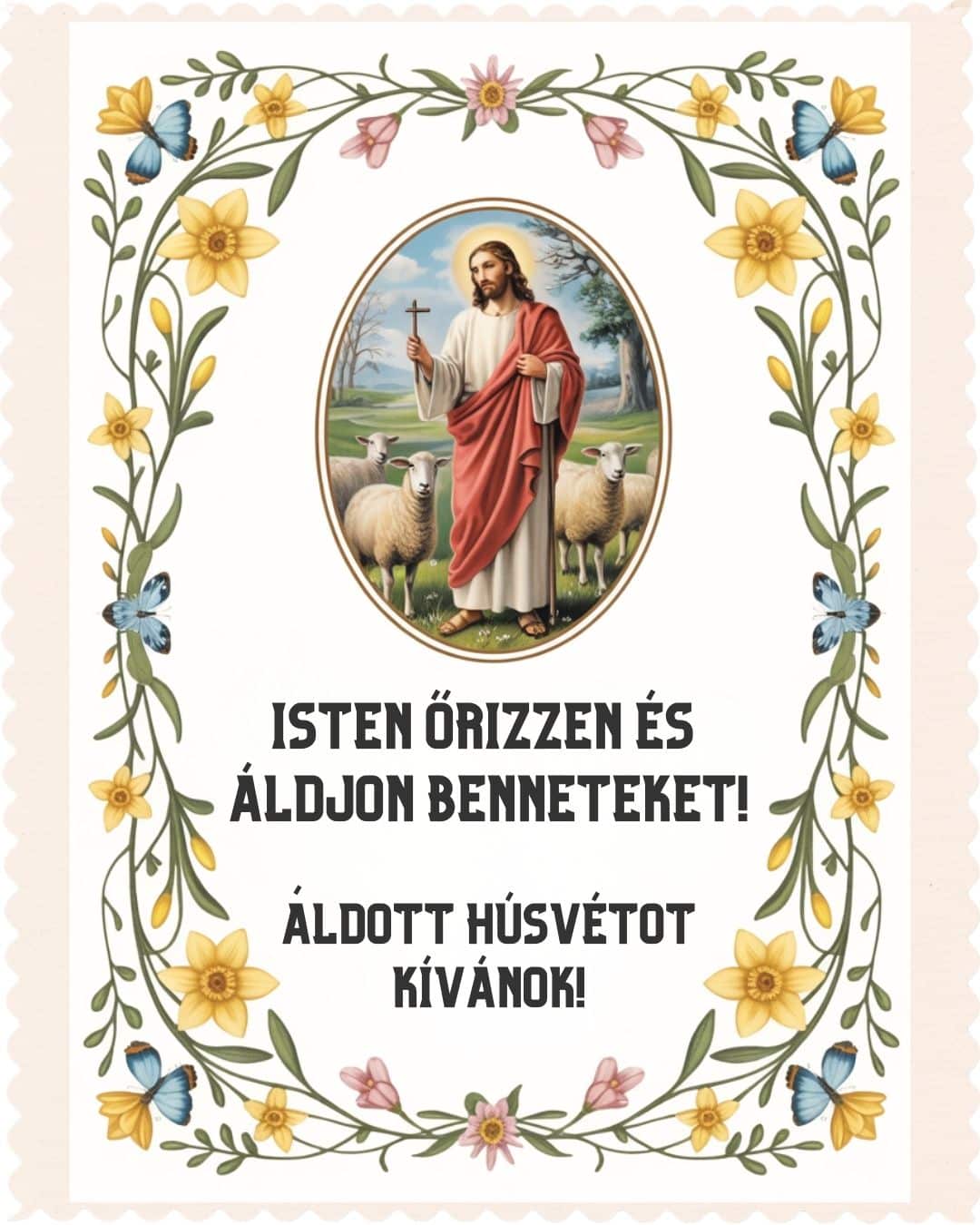 Húsvéti üdvözlet Isten őrizzen és áldjon Benneteket! Áldott húsvétot kívánok! felirattal