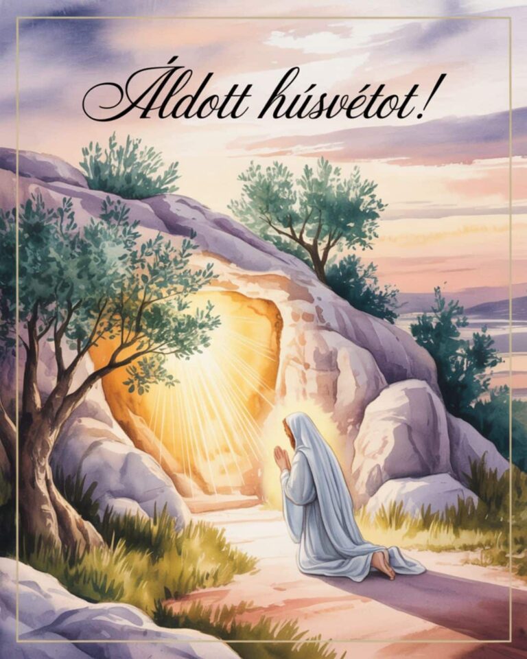 Vallási húsvéti képeslap „Áldott húsvétot!” felirattal, Jézus feltámadását ábrázoló jelenettel.