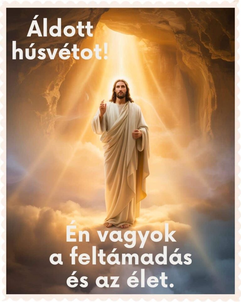 Jézus mennybemenetele témájú húsvéti üdvözlet Áldott húsvétot és Én vagy a feltámadás és az élet üzenettel