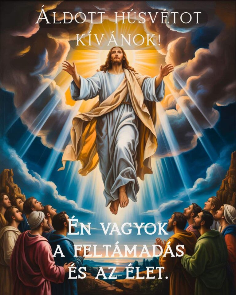 Vallási húsvéti képeslap Jézus ábrázolásával és az „Én vagyok a feltámadás és az élet” bibliai idézettel.