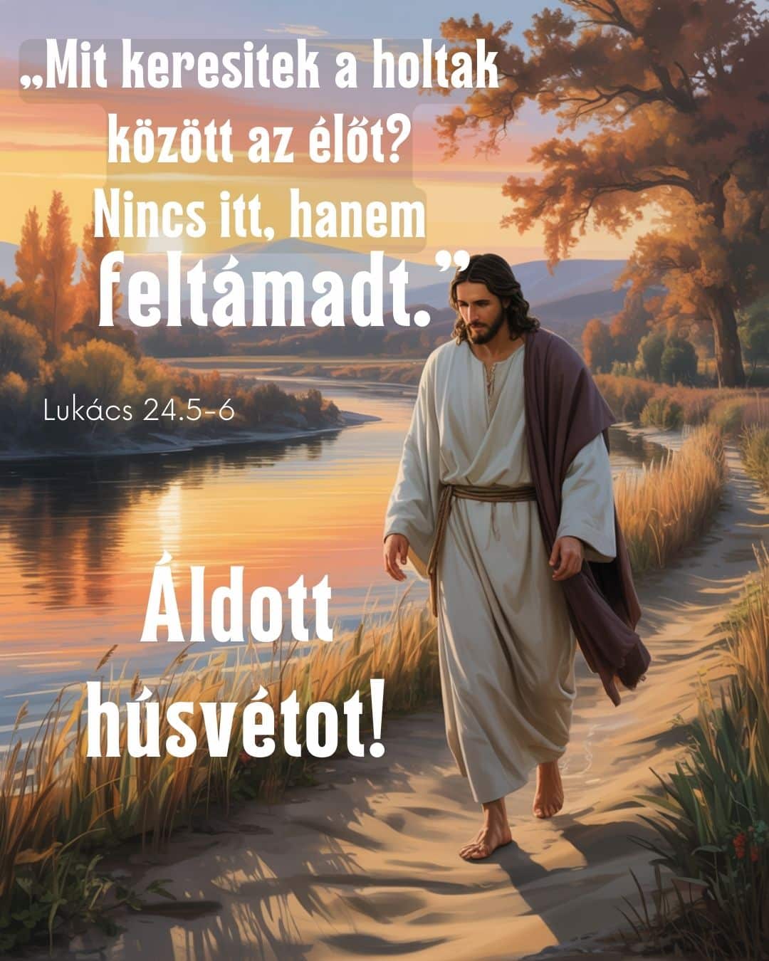 Húsvéti vallási képeslap Lukács evangéliumából vett idézettel Jézus feltámadásáról. Áldott húsvétot felirat.