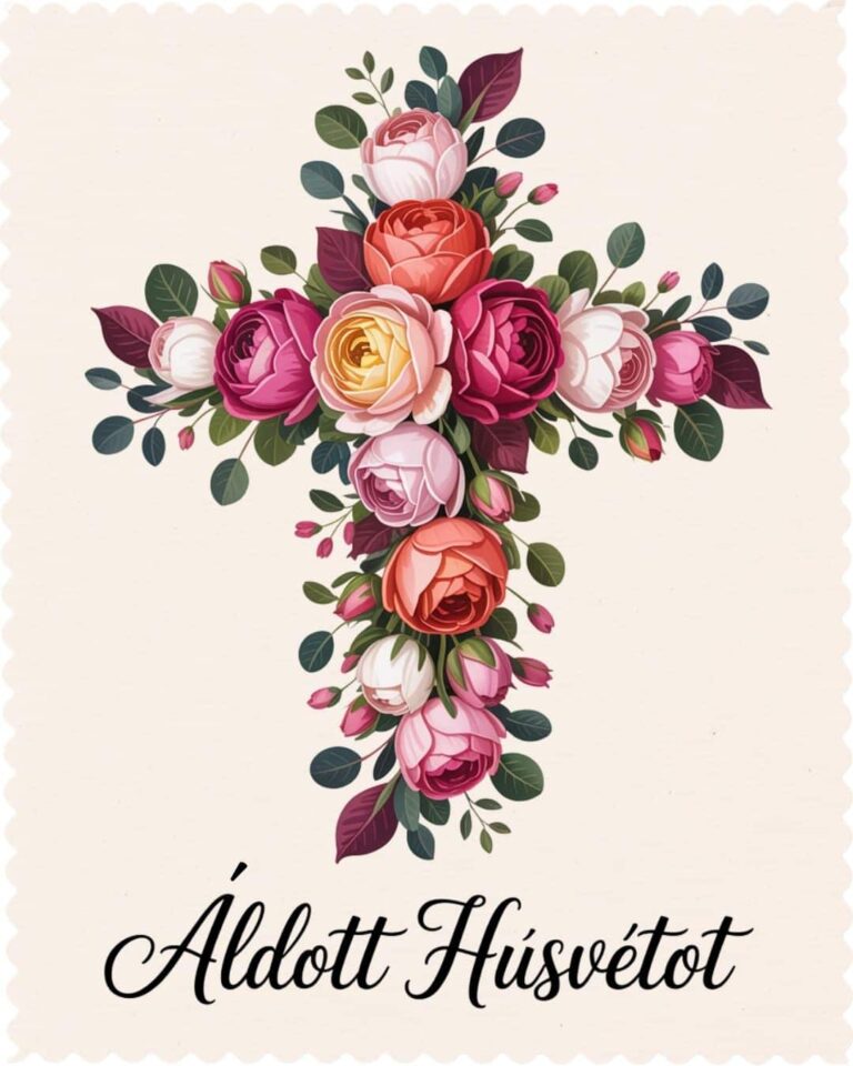 Virágok kereszt alakzatban elrendezve. Húsvéti üdvözlet Áldott húsvétot üzenettel