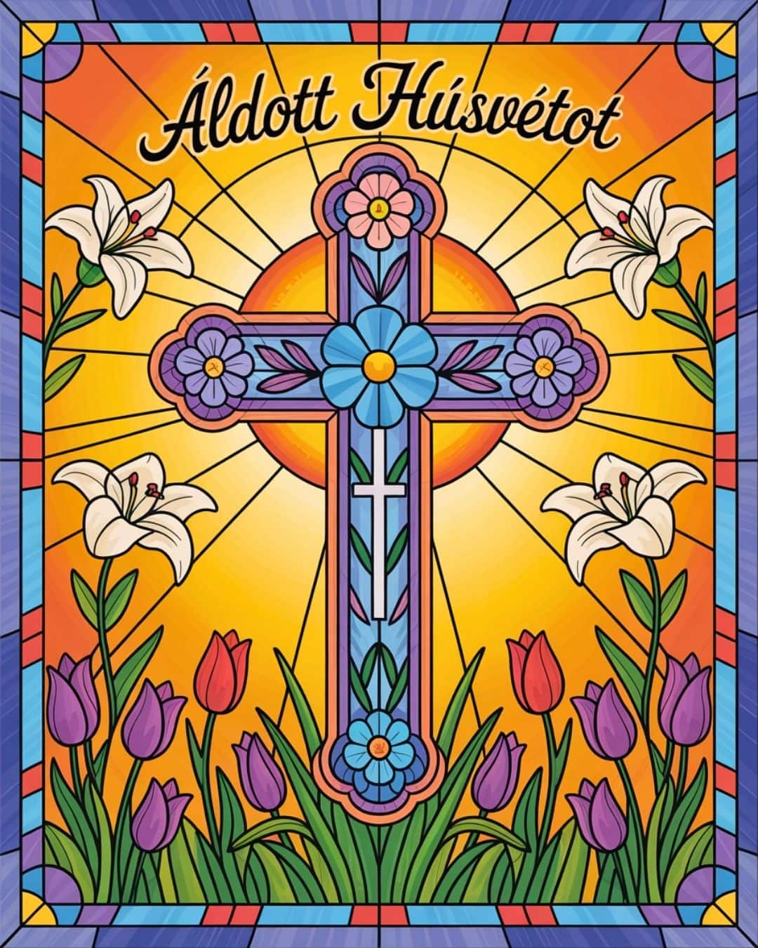 Áldott húsvétot képeslap kereszt és virágmotívummal.